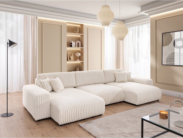 Divano angolare color crema allungabile/con contenitore (a U) rivestito in velluto a coste Sarina – Ropez