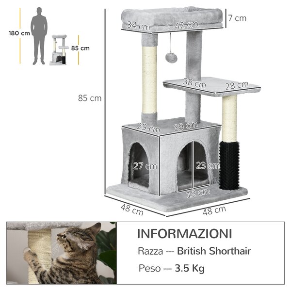 PawHut Albero Tiragraffi per Gatti Multilivello con Lettino e Casetta, Rivestimento in Peluche, Grigio|Aosom