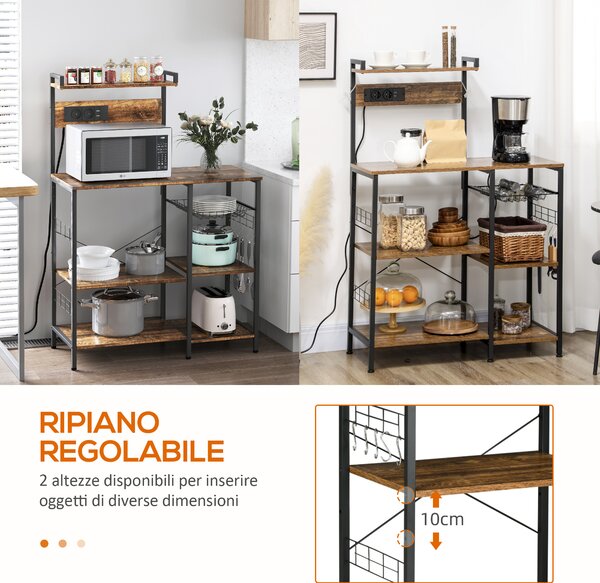 HOMCOM Scaffale Cucina Multipresa per Microonde con Ripiani e Cestino a Rete, 90x42x130cm, Marrone