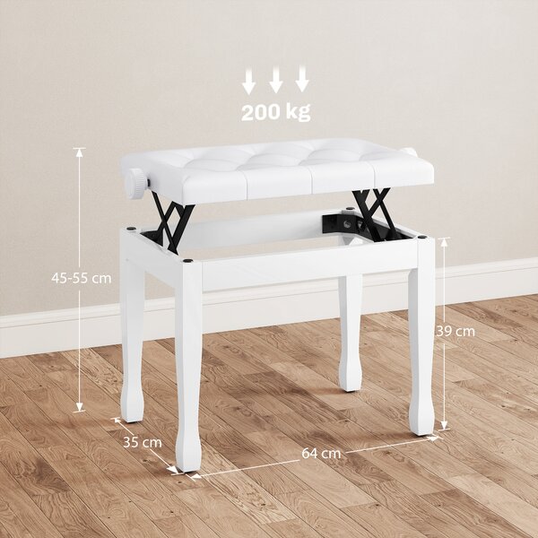 HOMCOM Panca per pianoforte, panca da tastiera regolabile in altezza in legno massello, seduta imbottita, 64 x 35 x 45-55 cm, bianco | Aosom Italy