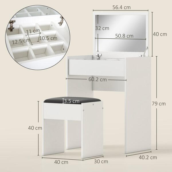 HOMCOM Tavolo da toletta con specchio retrattile sgabello contenitore 9 moderno in pannello truciolare, 60.2x40.2x79 cm, bianco e nero | Aosom Italy