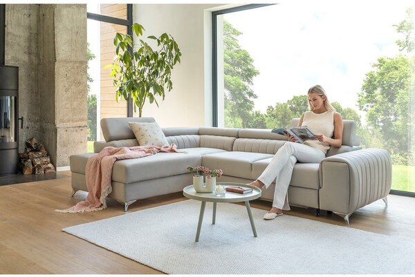 Divano angolare grigio allungabile/con contenitore (con penisola a sinistra/a L) e rivestimento in velluto Laurence – ELTAP