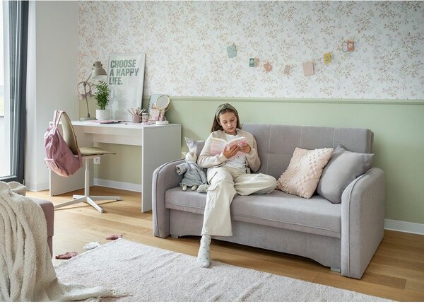 Divano grigio chiaro allungabile/con contenitore e rivestimento in ciniglia 155 cm Laine – ELTAP
