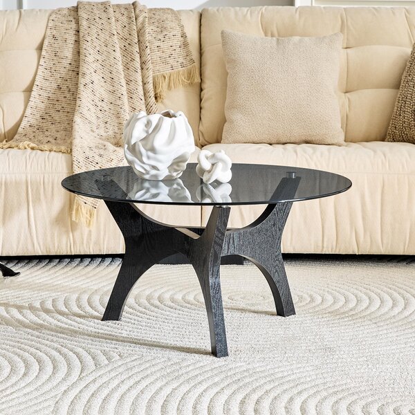 Tavolino okwish con struttura in legno, tavolino rotondo da salotto con piano in vetro, tavolino in stile moderno, per il soggiorno, colore nero