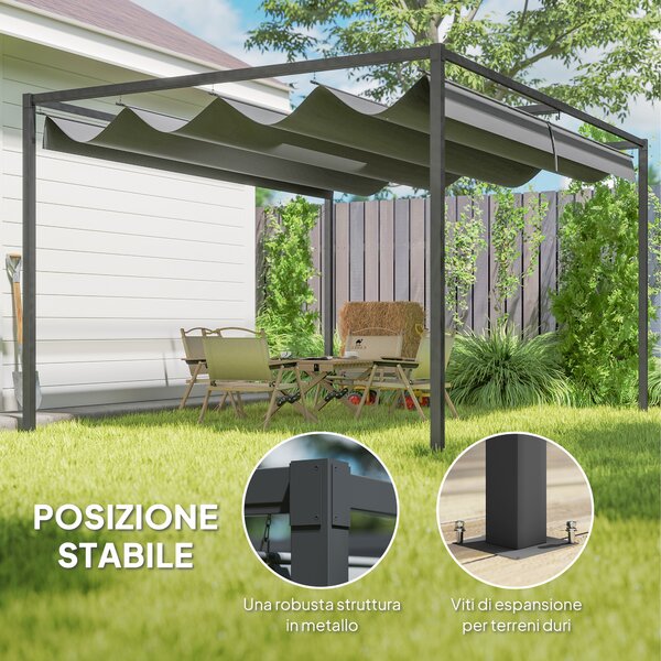 Outsunny Pergola Gazebo da Esterno 4x3 m con Tettuccio Retrattile in Metallo e Poliestere, Grigio Scuro | Aosom Italy