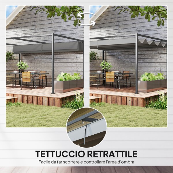 Outsunny Pergola Gazebo da Esterno 4x3 m con Tettuccio Retrattile in Metallo e Poliestere, Grigio Scuro | Aosom Italy