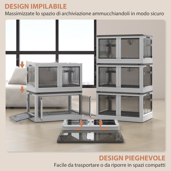 HOMCOM Contenitore in Plastica con Coperchio Impilabile e Pieghevole, 5 Aperture con Blocchi, 4 Ruote, 60x42x34 cm, Bianco | Aosom Italy