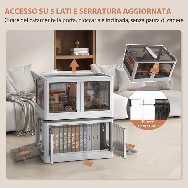 HOMCOM Contenitore in Plastica con Coperchio Impilabile e Pieghevole, 5 Aperture con Blocchi, 4 Ruote, 60x42x34 cm, Bianco | Aosom Italy