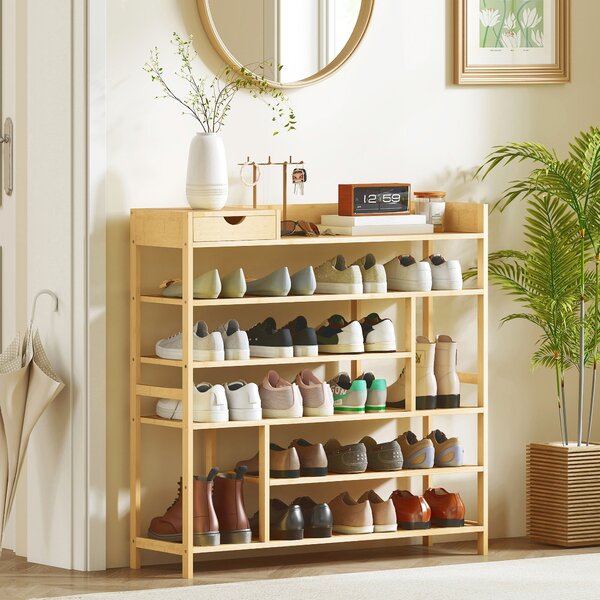 HOMCOM Scaffale per Scarpe, Scarpiera con 6 Livelli, Cassettiera in Bambù, per un massimo di 18 Paia di Scarpe, Scaffale per Scarpe per Ingresso, Camera da Letto, 101 x 30 x 100 cm, Naturale | Aosom Italy