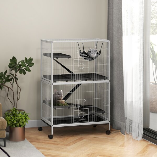 PawHut Gabbia per Animali Piccoli con Ruote Rampe Amaca e Vassoio Estraibile per Cincillà Furetti 80x52x128 cm Bianco | Aosom Italy