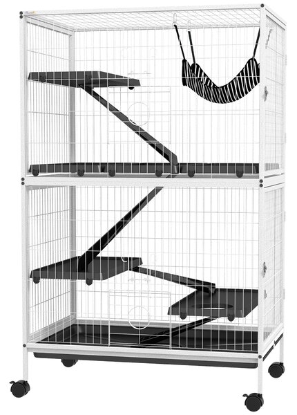 PawHut Gabbia per Animali Piccoli con Ruote Rampe Amaca e Vassoio Estraibile per Cincillà Furetti 80x52x128 cm Bianco | Aosom Italy