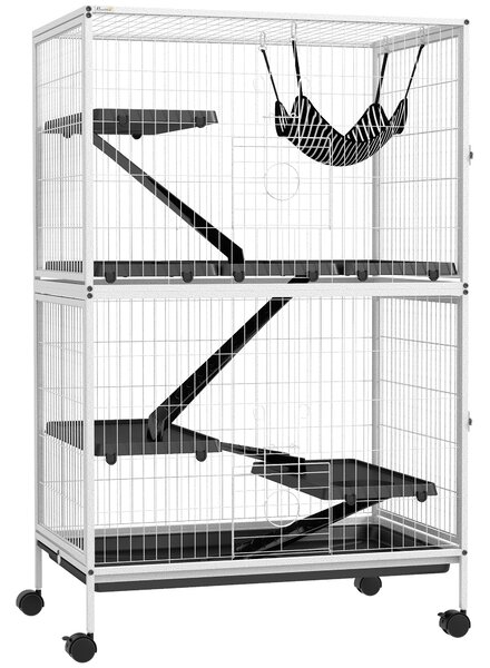 PawHut Gabbia per Animali Piccoli con Ruote Rampe Amaca e Vassoio Estraibile per Cincillà Furetti 80x52x128 cm Bianco | Aosom Italy