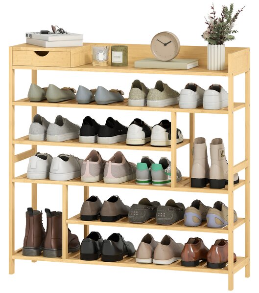 HOMCOM Scaffale per Scarpe, Scarpiera con 6 Livelli, Cassettiera in Bambù, per un massimo di 18 Paia di Scarpe, Scaffale per Scarpe per Ingresso, Camera da Letto, 101 x 30 x 100 cm, Naturale | Aosom Italy