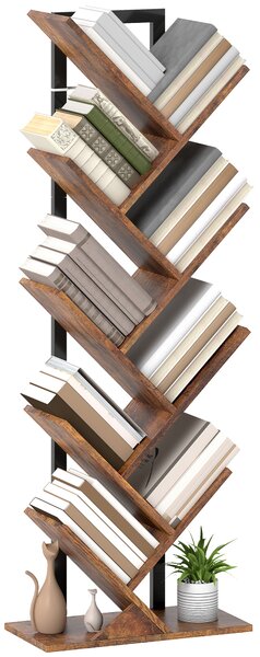 HOMCOM Libreria Scaffale con 9 Ripiani Stretto a Forma di Albero per Ufficio, Marrone Rustico | Aosom Italy