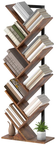 HOMCOM Libreria Scaffale con 9 Ripiani Stretto a Forma di Albero per Ufficio, Marrone Rustico | Aosom Italy