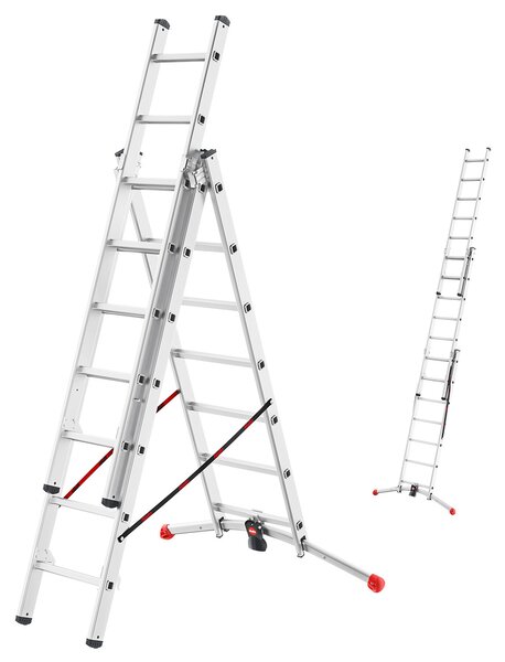 Scala Hailo HobbyLOT, scala combinata in alluminio in 3 parti, 3 x 7 pioli, sistema a piombo