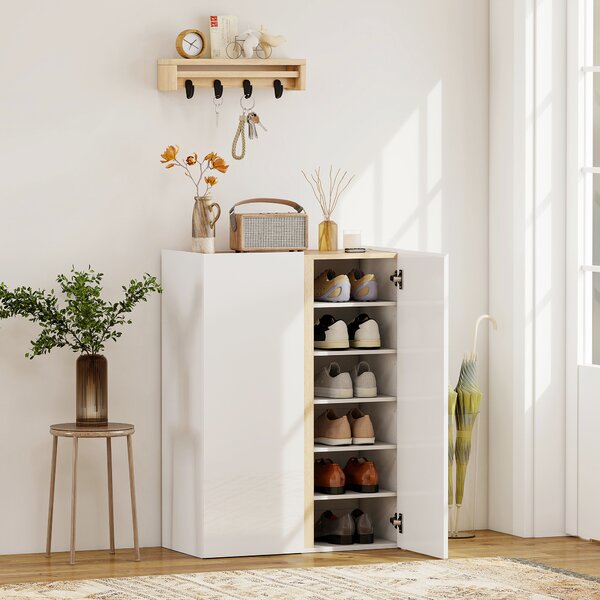 HOMCOM Mobile Portascarpe con Funzione Soft-Close, disegno a sei livelli senza maniglia, 18 paia di scarpe, per ingresso, corridoio, legno, Bianco | Aosom Italy