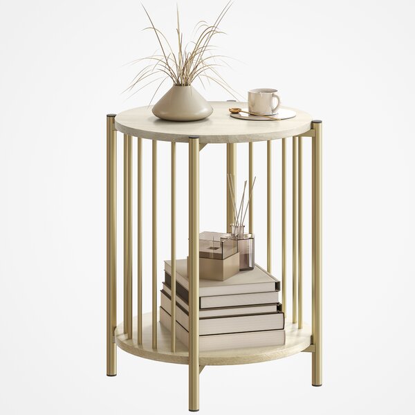 HOMCOM Tavolino Rotondo a 2 Piani con Ripiano di Stoccaggio e Struttura in Acciaio per Soggiorno Camera da Letto Ø41x49 cm Legno Naturale | Aosom Italy