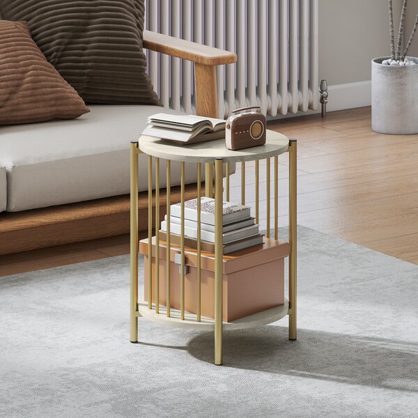 HOMCOM Tavolino Rotondo a 2 Piani con Ripiano di Stoccaggio e Struttura in Acciaio per Soggiorno Camera da Letto Ø41x49 cm Legno Naturale | Aosom Italy
