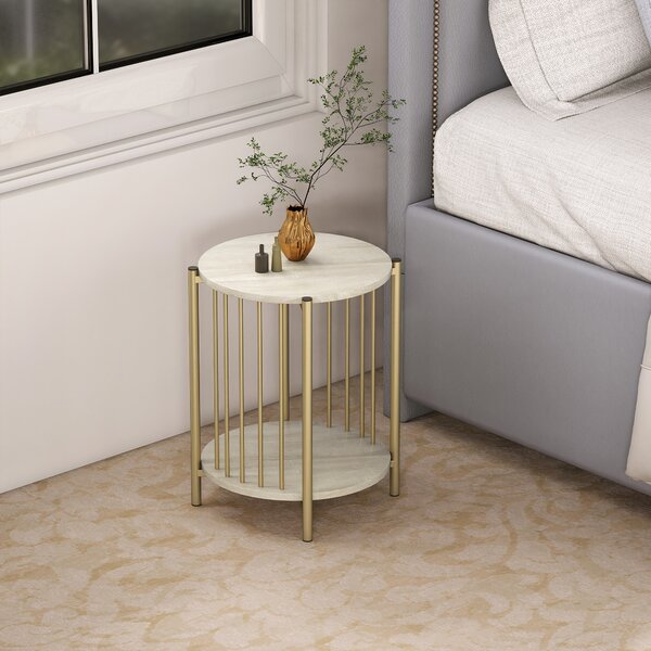 HOMCOM Tavolino Rotondo a 2 Piani con Ripiano di Stoccaggio e Struttura in Acciaio per Soggiorno Camera da Letto Ø41x49 cm Legno Naturale | Aosom Italy