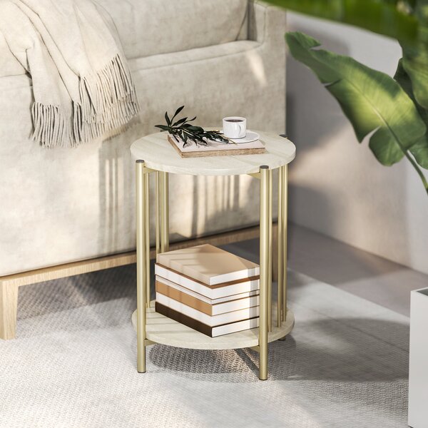 HOMCOM Tavolino Rotondo a 2 Piani con Ripiano di Stoccaggio e Struttura in Acciaio per Soggiorno Camera da Letto Ø41x49 cm Legno Naturale | Aosom Italy