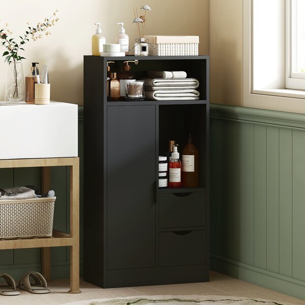Mobile da Bagno 50x25x100 cm con Armadietto 2 Cassetti e Vano Aperto Rivestimento in Melamina Nero