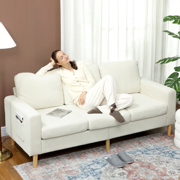 HOMCOM Divano 3 posti in velluto a coste, con cuscini a molle e imbottitura, 192x80x84,5cm, beige | Aosom Italy