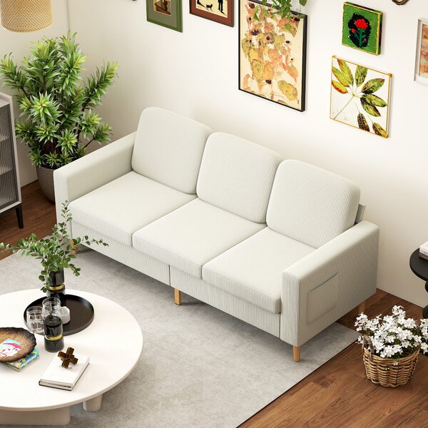HOMCOM Divano 3 posti in velluto a coste, con cuscini a molle e imbottitura, 192x80x84,5cm, beige | Aosom Italy