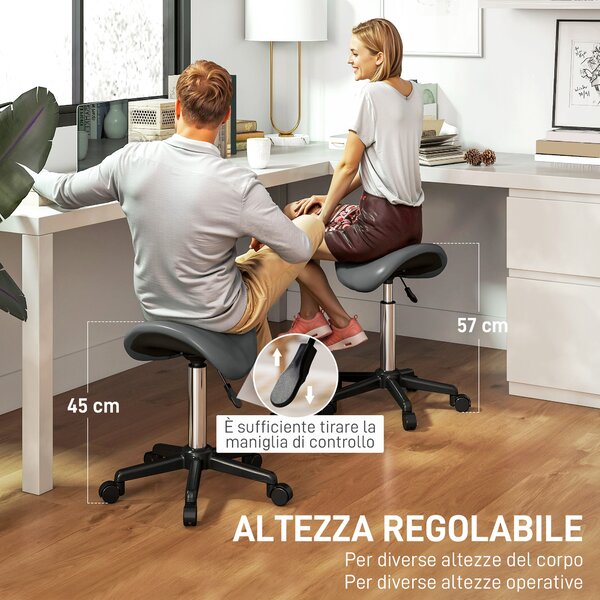 HOMCOM Sgabello Girevole a Sella con Ruote e Altezza Regolabile, Imbottito e Rivestito in Finta Pelle, Grigio | Aosom Italy