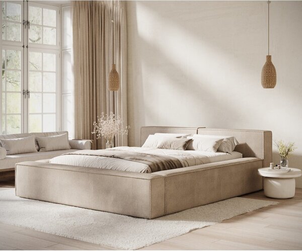 Letto matrimoniale imbottito beige con contenitore e rete inclusi 180x200 cm Voliera – Maison de Rêve