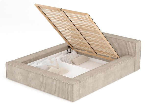 Letto matrimoniale imbottito beige con contenitore e rete inclusi 180x200 cm Voliera – Maison de Rêve