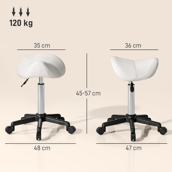 HOMCOM Sgabello a rotelle, sedia da lavoro con altezza regolabile 45-57 cm e sella ergonomica, 48x47x45-57cm, bianco | Aosom Italy