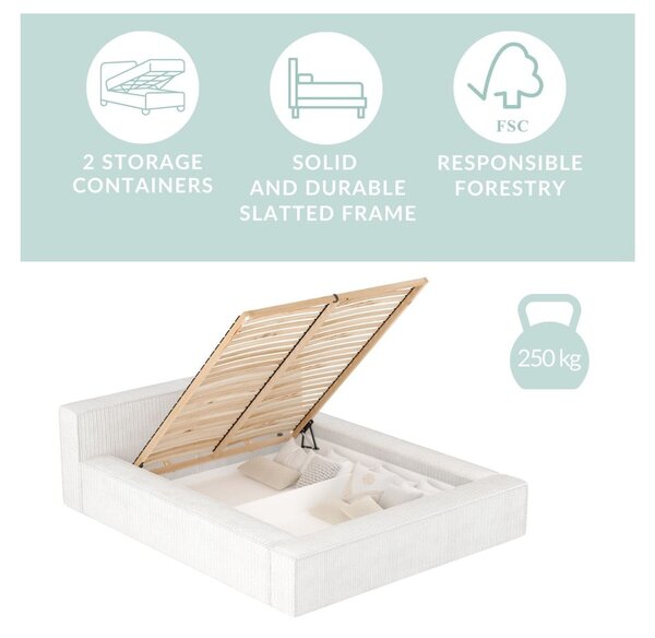 Letto matrimoniale imbottito beige con contenitore e rete inclusi 180x200 cm Voliera – Maison de Rêve