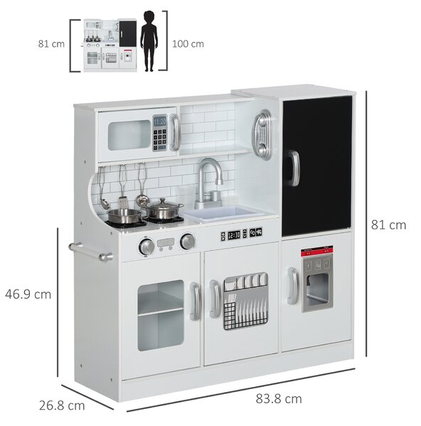 AIYAPLAY Cucina per Bambini di +3 Anni con Accessori per Cucinare Lavagna Macchina del Ghiaccio e Telefono 83,8x26,8x81 cm Bianco | Aosom Italy