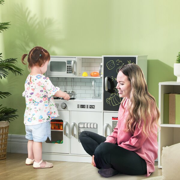 AIYAPLAY Cucina per Bambini di +3 Anni con Accessori per Cucinare Lavagna Macchina del Ghiaccio e Telefono 83,8x26,8x81 cm Bianco | Aosom Italy
