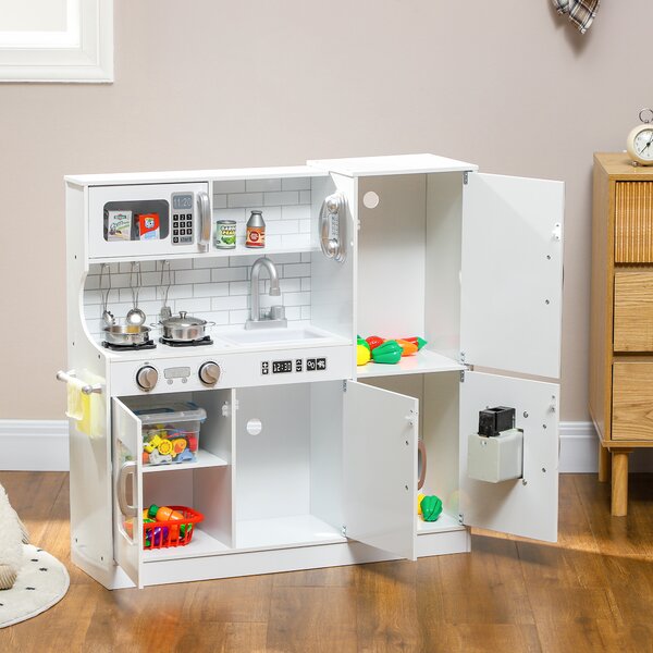 AIYAPLAY Cucina per Bambini di +3 Anni con Accessori per Cucinare Lavagna Macchina del Ghiaccio e Telefono 83,8x26,8x81 cm Bianco | Aosom Italy