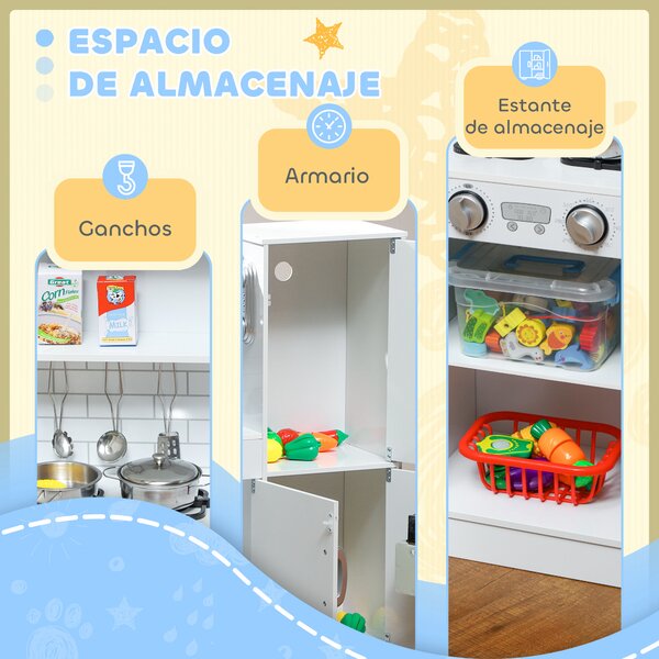AIYAPLAY Cucina per Bambini di +3 Anni con Accessori per Cucinare Lavagna Macchina del Ghiaccio e Telefono 83,8x26,8x81 cm Bianco | Aosom Italy