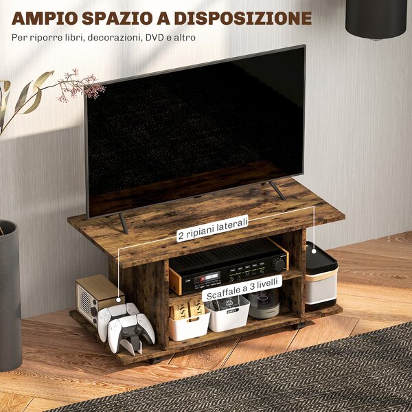 HOMCOM Mobile Porta TV Moderno con Ripiani, Ruote Girevoli e Freni, 80x40x40 cm, Marrone Rustico | Aosom Italy