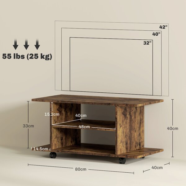 HOMCOM Mobile Porta TV Moderno con Ripiani, Ruote Girevoli e Freni, 80x40x40 cm, Marrone Rustico | Aosom Italy