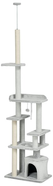 PawHut Albero Tiragraffi per Gatti a Soffitto con Piattaforme e Casetta, 60x40x225-255cm, Grigio|Aosom