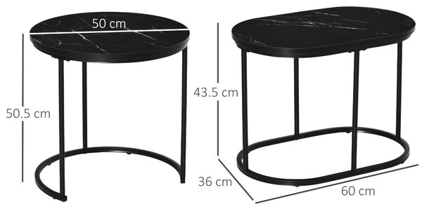 HOMCOM Set 2 Tavolini da Caffè con Piano Effetto Marmo, in Legno e Acciaio, Ø50x50.5 cm e 60x36x43.5 cm, Nero | Aosom Italy