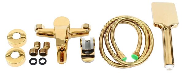 Rubinetto per vasca da bagno / Miscelatore per vasca - Miscelatore a due manopole - Acqua calda/fredda - Rame - Tubo di 1,5 metri - Resistente al calore fino a 100 °C - Distanza tra i fori: 13,5–16,5 cm - Finitura dorata