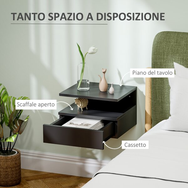 HOMCOM Comodino Sospeso per Camera da Letto con Cassetto e Mensola in Legno, 35x32x22.5cm, Nero