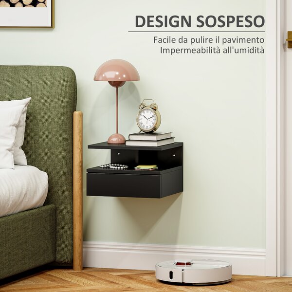 HOMCOM Comodino Sospeso per Camera da Letto con Cassetto e Mensola in Legno, 35x32x22.5cm, Nero