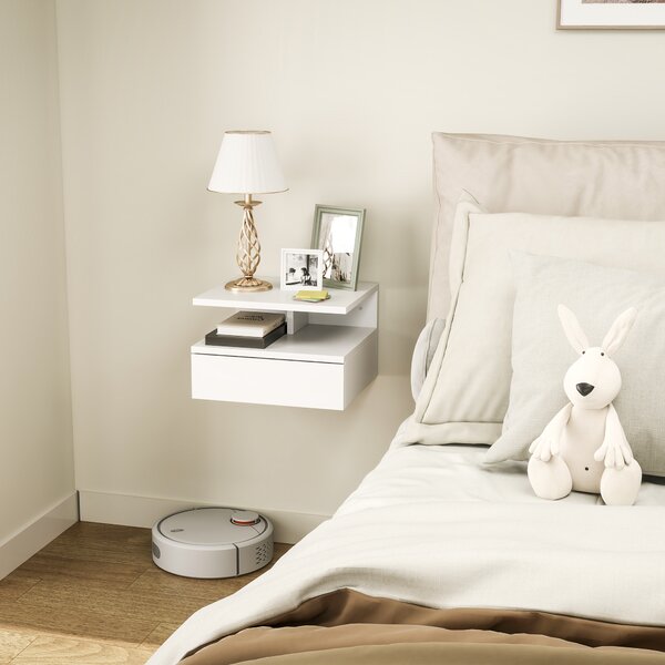 HOMCOM Comodino Sospeso per Camera da Letto con Cassetto e Mensola in Legno, 35x32x22.5cm, Bianco