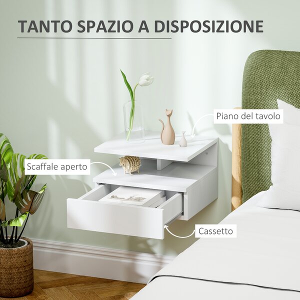 HOMCOM Comodino Sospeso per Camera da Letto con Cassetto e Mensola in Legno, 35x32x22.5cm, Bianco