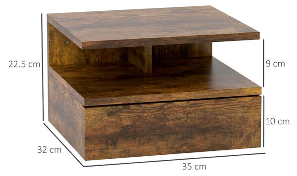 HOMCOM Set da 2 Comodini Sospesi per Camera da Letto con Cassetto e Mensola in Legno 35x32x22.5cm, Marrone