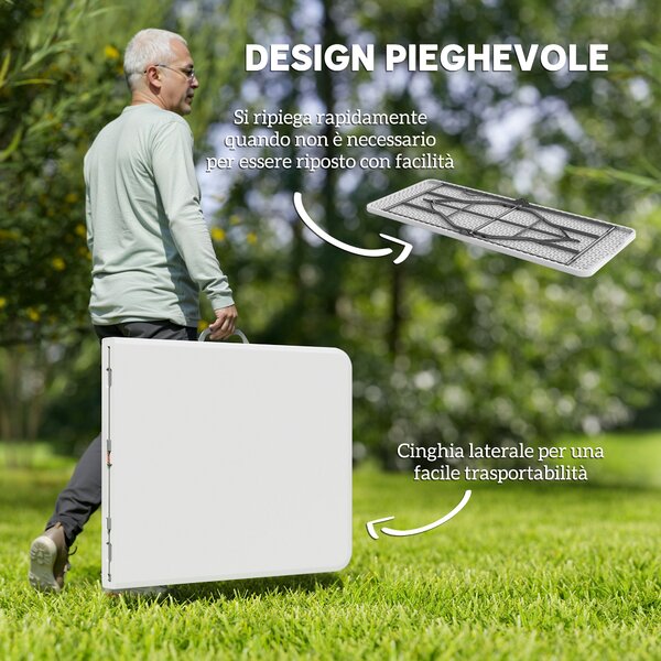 Outsunny Tavolo da Giardino Pieghevole con Maniglia, Acciaio e Plastica, 180x74x74 cm, Bianco