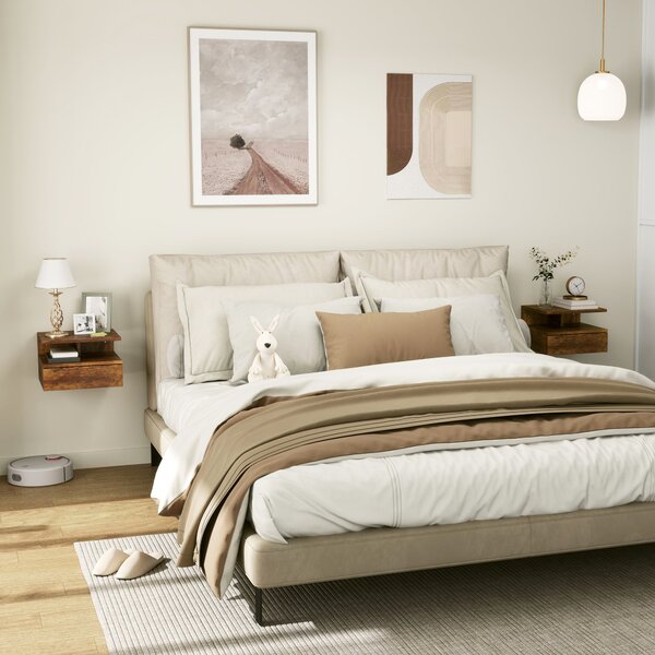 HOMCOM Set da 2 Comodini Sospesi per Camera da Letto con Cassetto e Mensola in Legno 35x32x22.5cm, Marrone