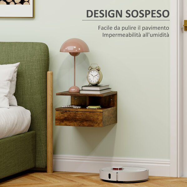 HOMCOM Set da 2 Comodini Sospesi per Camera da Letto con Cassetto e Mensola in Legno 35x32x22.5cm, Marrone